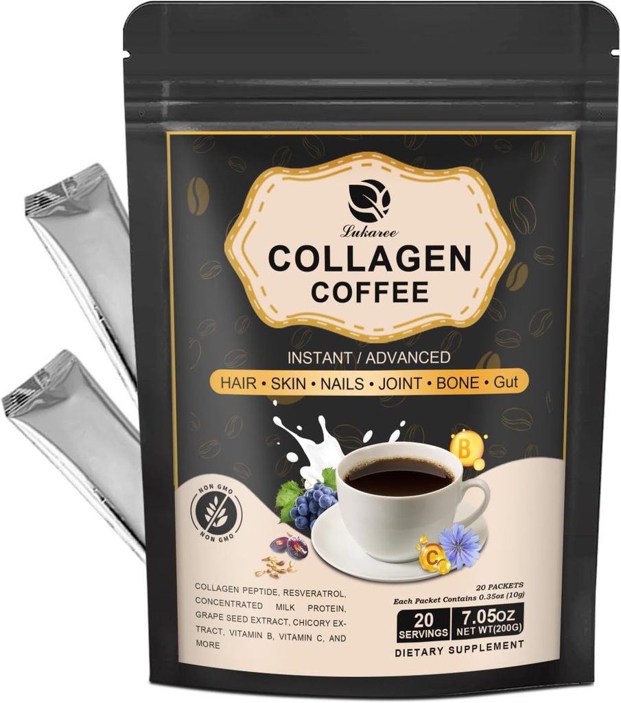Lukaree Collagen kaffe med vitamin B7, B9, Instant Collagen peptid pulver med reseratrol, C-vitamin, Carnosin til hår, hud, negle, ben