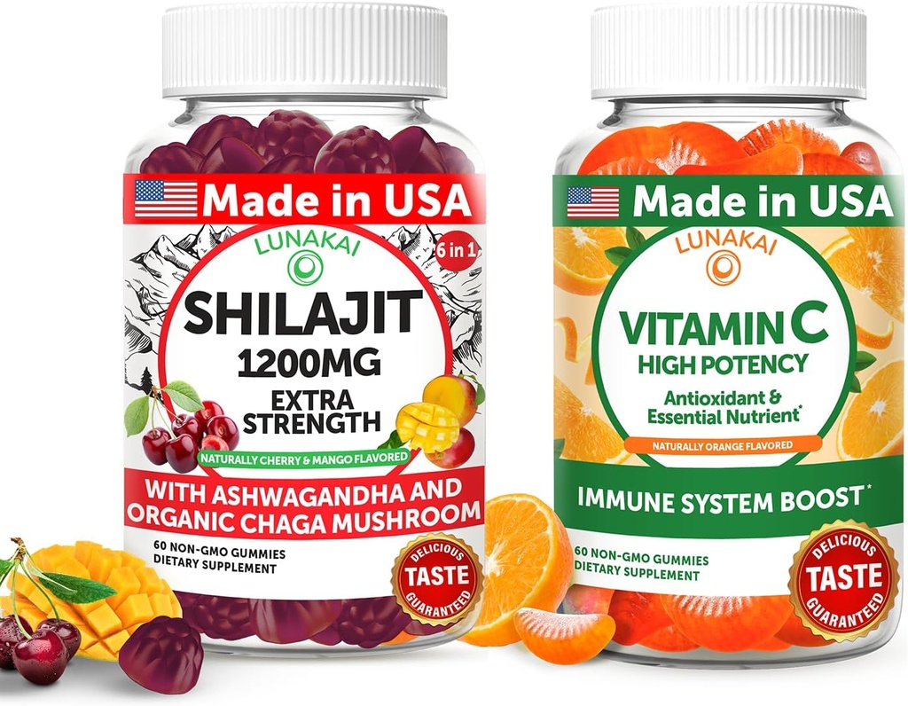 Lunakai USA Made Shilajit & C-vitamin High Potency Gummies Bundle - Energi og immunforsvar - Non- GMO & lækker