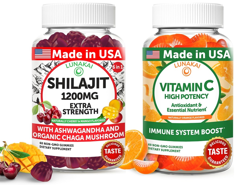 Lunakai USA Made Shilajit & C-vitamin High Potency Gummies Bundle - Energi og immunforsvar - Non- GMO & lækker
