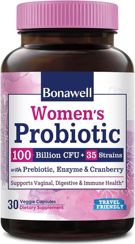 Bonawell Probiotika til kvinder 100B, med Prebiotika, fordøjelsesfremmende enzymer & økologiske tranebær til kvindelige vaginal sundhed, fordøjelse & immunitet, Shelf- Stable, Delayed- Release, 30 Veggie Caps