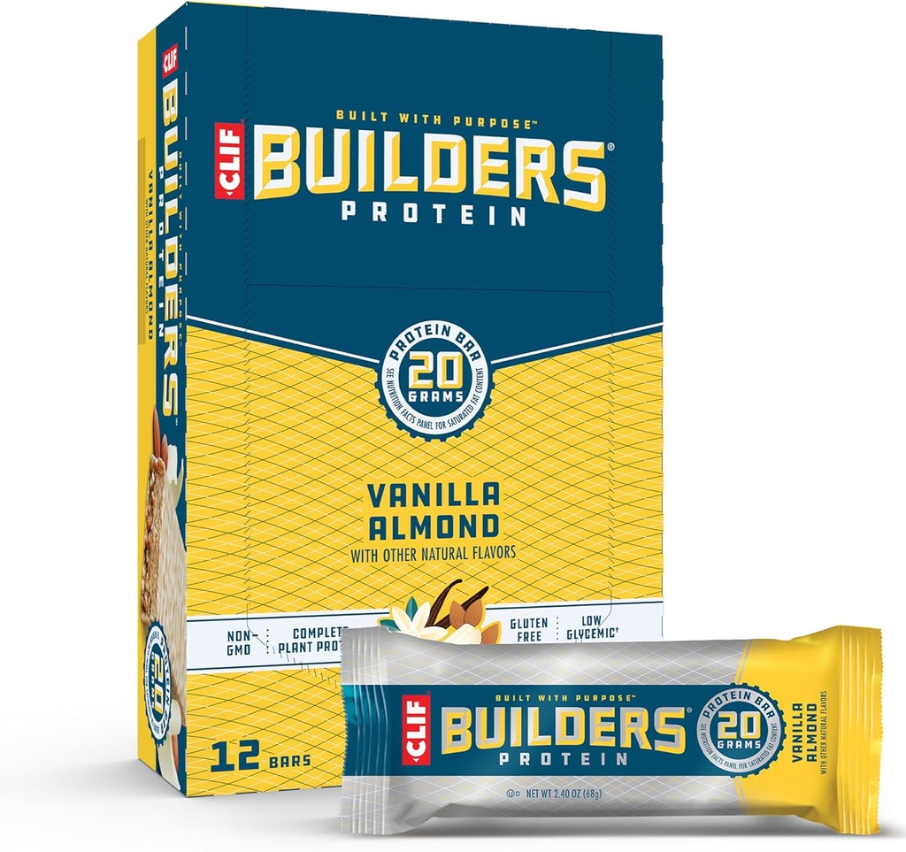 CLIF BUILDERS Proteinbarer - Vanilla Mandel Flavor - 20g Plant Based Protein - Gluten Free - Non-GMO - Lav Glycemisk - Ingen kunstige sødestoffer - 2.4 oz. (12 Pack)