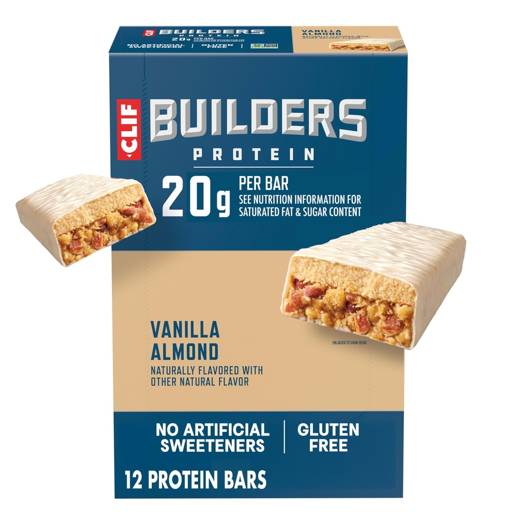 CLIF BUILDERS Proteinbarer - Vanilla Mandel Flavor - 20g Plant Based Protein - Gluten Free - Non-GMO - Lav Glycemisk - Ingen kunstige sødestoffer - 2.4 oz. (12 Pack)