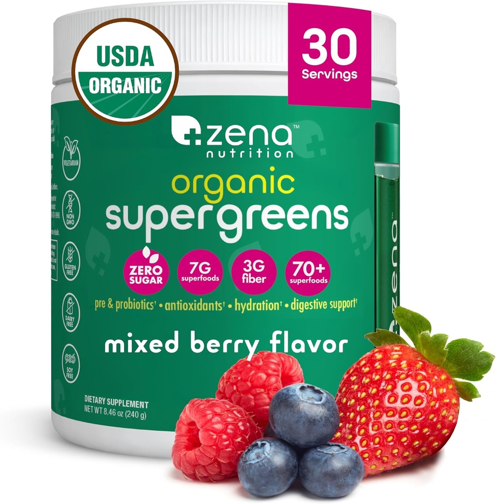 Zena Nutrition Organic Super Green Powder, 70 + Superfoods, 0 Sugar, 3G Fiber, Spirulina, Chlorella, Antioxidanter, Prebiotika / Probiotika, fordøjelige enzymer, blandet berry, 30 Servere