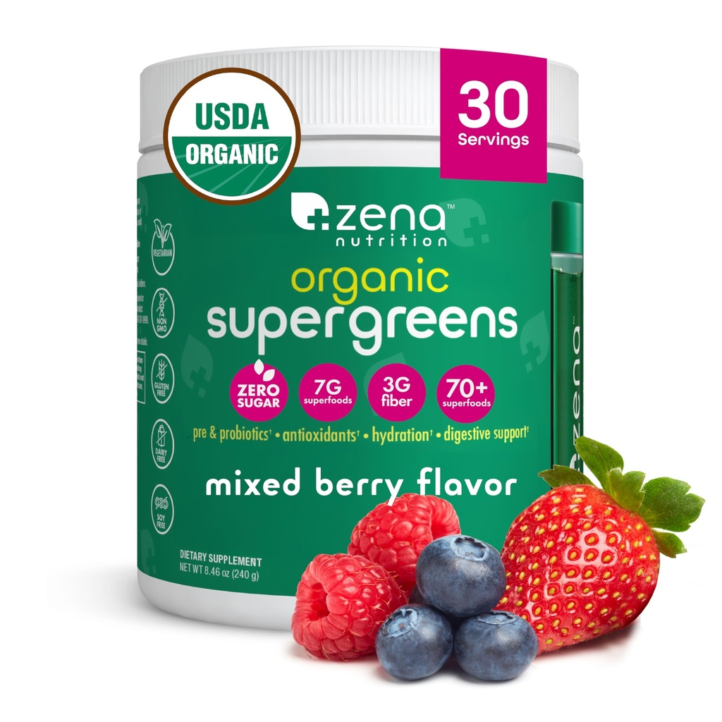 Zena Nutrition Organic Super Green Powder, 70 + Superfoods, 0 Sugar, 3G Fiber, Spirulina, Chlorella, Antioxidanter, Prebiotika / Probiotika, fordøjelige enzymer, blandet berry, 30 Servere
