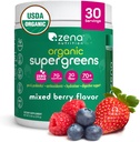 Zena Nutrition Organic Super Green Powder, 70 + Superfoods, 0 Sugar, 3G Fiber, Spirulina, Chlorella, Antioxidanter, Prebiotika / Probiotika, fordøjelige enzymer, blandet berry, 30 Servere
