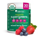 Zena Nutrition Organic Super Green Powder, 70 + Superfoods, 0 Sugar, 3G Fiber, Spirulina, Chlorella, Antioxidanter, Prebiotika / Probiotika, fordøjelige enzymer, blandet berry, 30 Servere