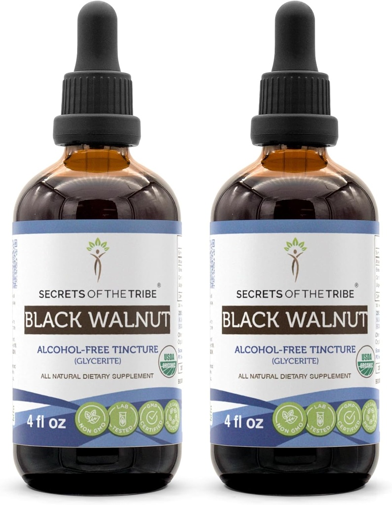 Secrets of the Tribe Black Walnut USDA Organic Mezzogiorno 124; Alkohol- Free Extract, High- Potency Herbal Drops Mezzogiorno 124; Lavet af 100% Certified Organic Black Walnut (Juglans Nigra) Tørret Hull 2x4 oz