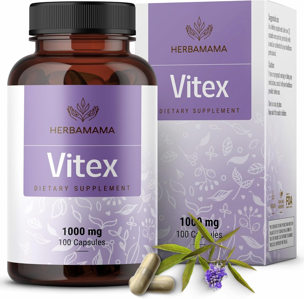 HERBAMAMA Vitex Berry Capsules - Natural Menopause Supplements * for Women - 1000mg Vitex Chasteberry Fruit per Serving for Menopause Support * - Vegan, Non- GMO - 50- Day Supply
