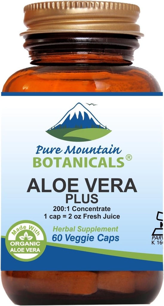 Pure Mountain Botanicals Aloe Vera Plus Kapsler. 200: 1 Uddrag. Kosher Organic Tørret Aloe Vera Gel, Marshmallow Root, Slippery Elm