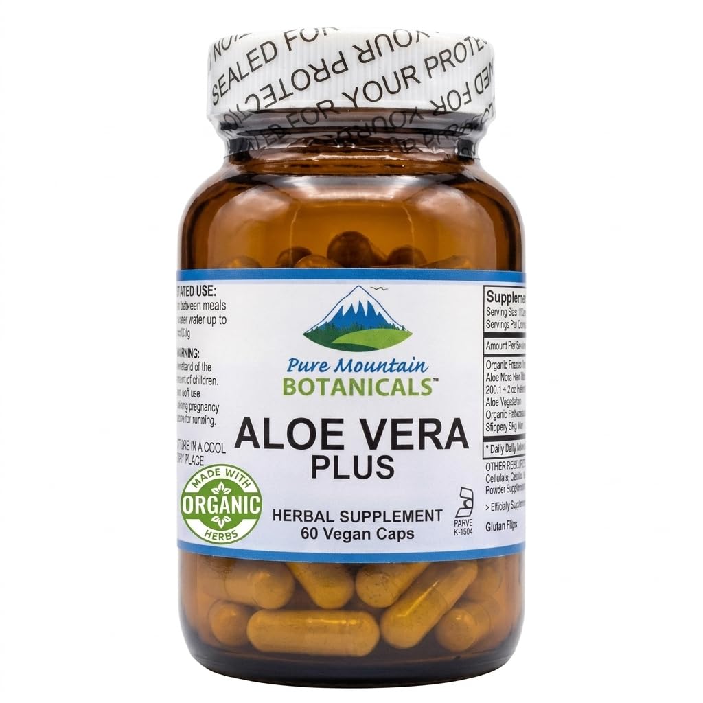 Pure Mountain Botanicals Aloe Vera Plus Kapsler. 200: 1 Uddrag. Kosher Organic Tørret Aloe Vera Gel, Marshmallow Root, Slippery Elm