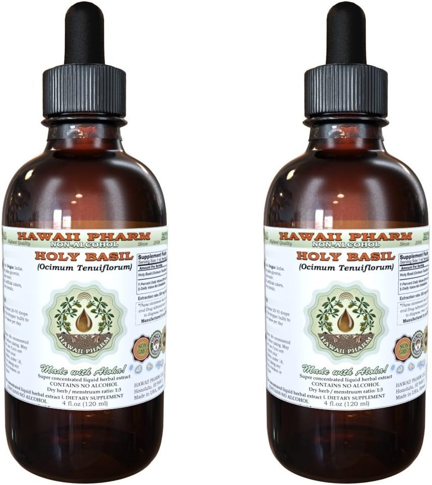 Holy Basil Alkohol- Free Liquid Extract, Organic Holy Basil (Ocimum tenuiflorum) Tørret Leaf Glycerit Hawaii Pharm Natural Herbal Supplement 2x2 oz