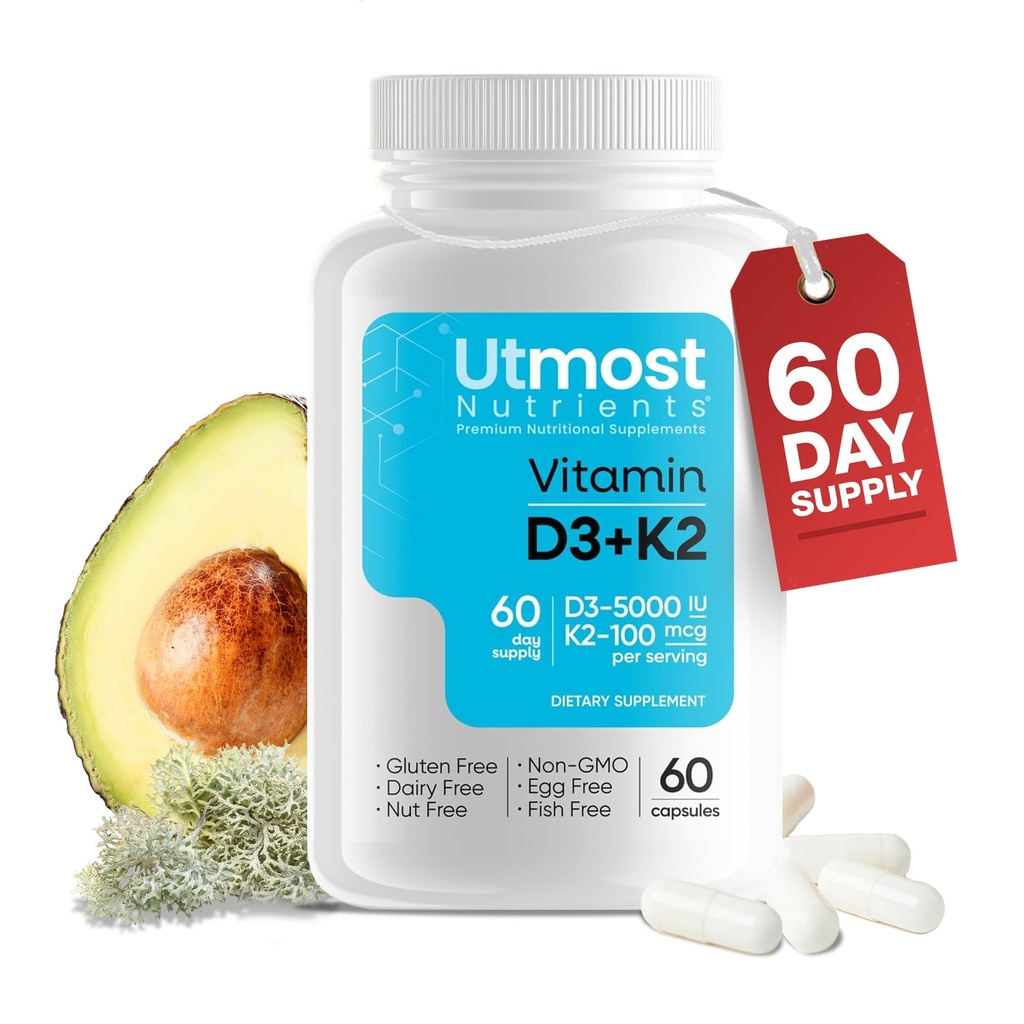 D3- vitamin med K2- 5000iu vitamin D og 100 mcg vitamin K supplement i én kapsel for maksimal biotilgængelighed - Forbedrer kalciumabsorption for kardiovaskulær, immun- og benesundhed (60 kapsler)
