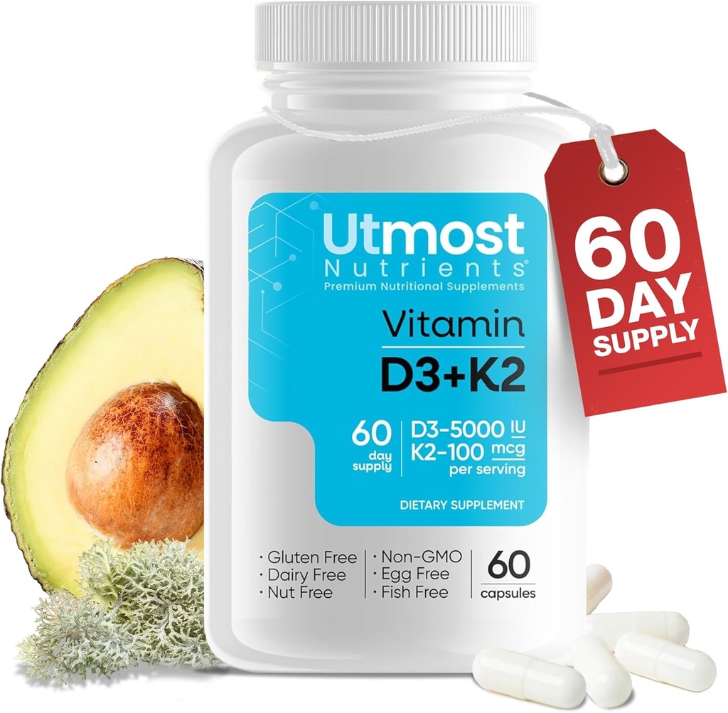 Vitamin D3 with K2-5000iu Vitamin D and 100 mcg Vitamin K Supplement in one Capsule for Maximum Bioavailability - Enhances Calcium Absorption for Cardiovascular, Immune and Bone Health (60 Capsules)