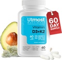 D3- vitamin med K2- 5000iu vitamin D og 100 mcg vitamin K supplement i én kapsel for maksimal biotilgængelighed - Forbedrer kalciumabsorption for kardiovaskulær, immun- og benesundhed (60 kapsler)