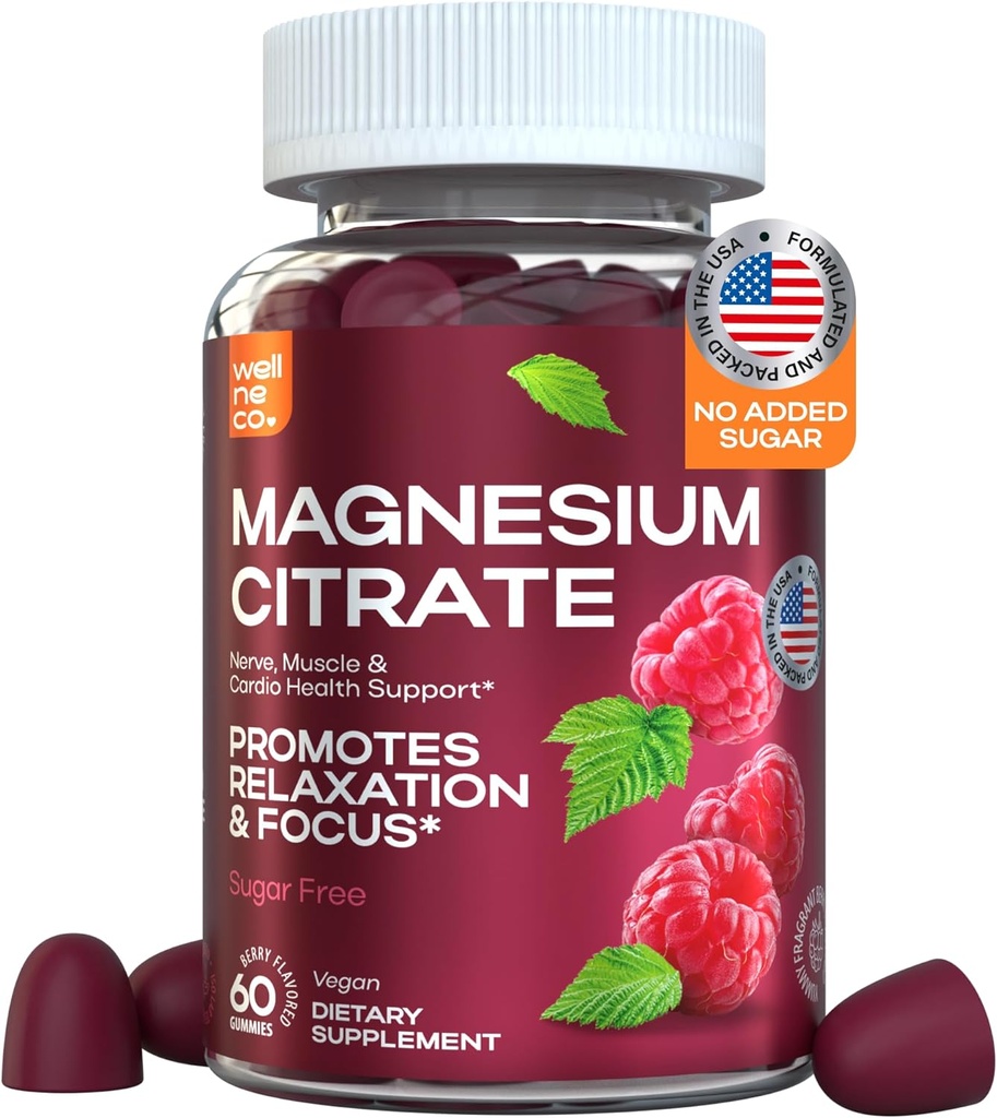 Magnesium Gummier for voksne 180 Mg - Premium Magnesium Citrate Supplement for Muscles, Nerves, Bones, og Heart Health - Glutenfri, Sugar- fri, Berry Flavor - for mænd og kvinder - 60 Gummier