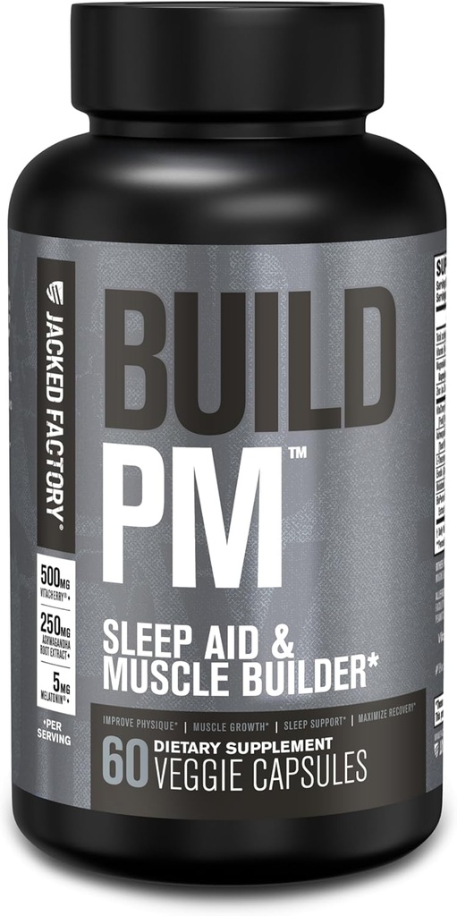 Jacked Factory Build PM Night Time Muscle Builder & Sleep Aid - Post Workout Recovery & Sleep Support Supplement w / VitaCherry Tart Cherry, Ashwagandha, & Melatonin - 60 Natural Veggie Pills