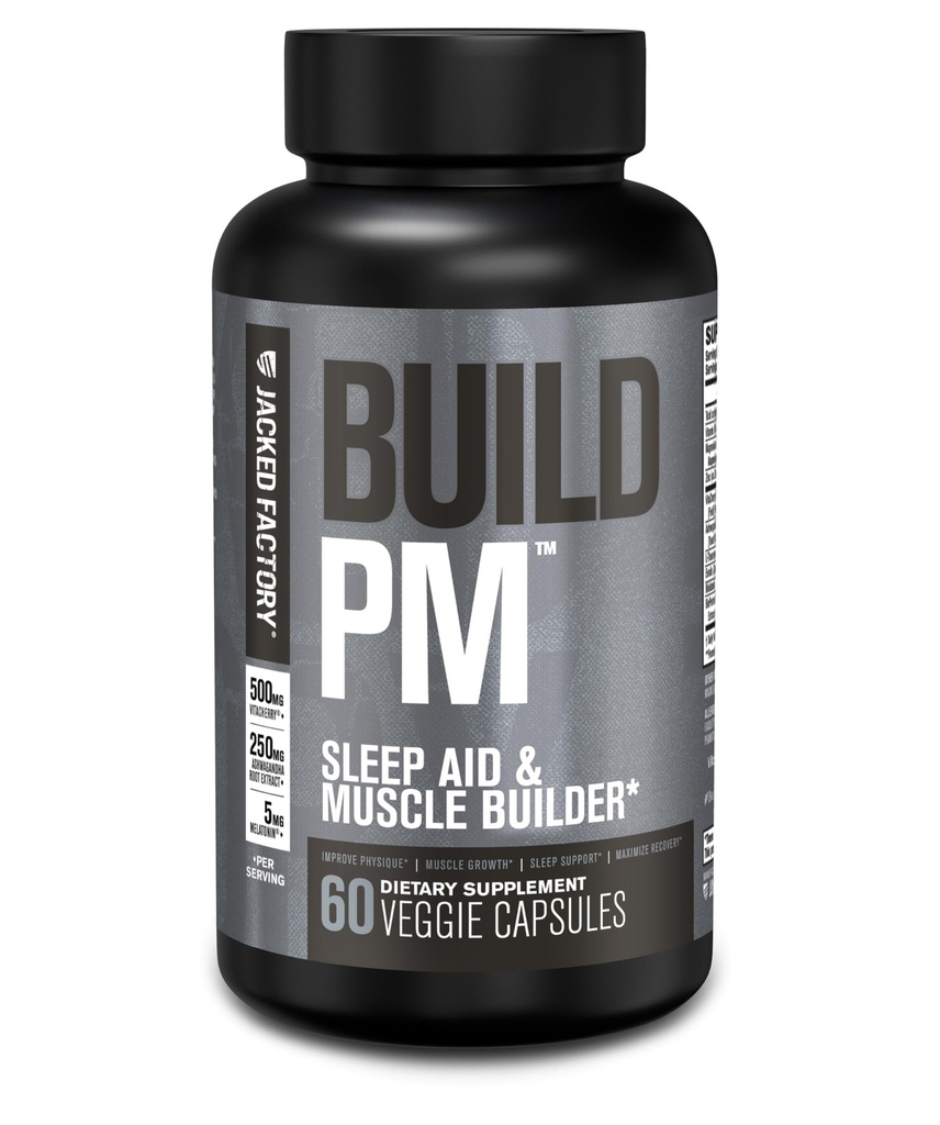 Jacked Factory Build PM Night Time Muscle Builder & Sleep Aid - Post Workout Recovery & Sleep Support Supplement w/VitaCherry Tart Cherry, Ashwagandha, & Melatonin - 60 Natural Veggie Pills