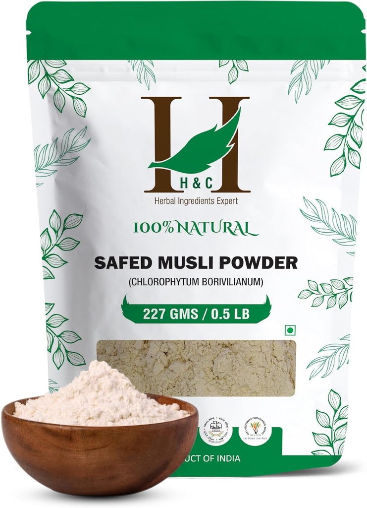 100% Natural Wild Cultivated Safied Musli Powder - Chlorfytum Borivillianum 227 GMS / 1 / 2 LB Pound / 08 Oz - Forarbejdet i FDA Registered Facility (A 100% Natural Health Supplement)