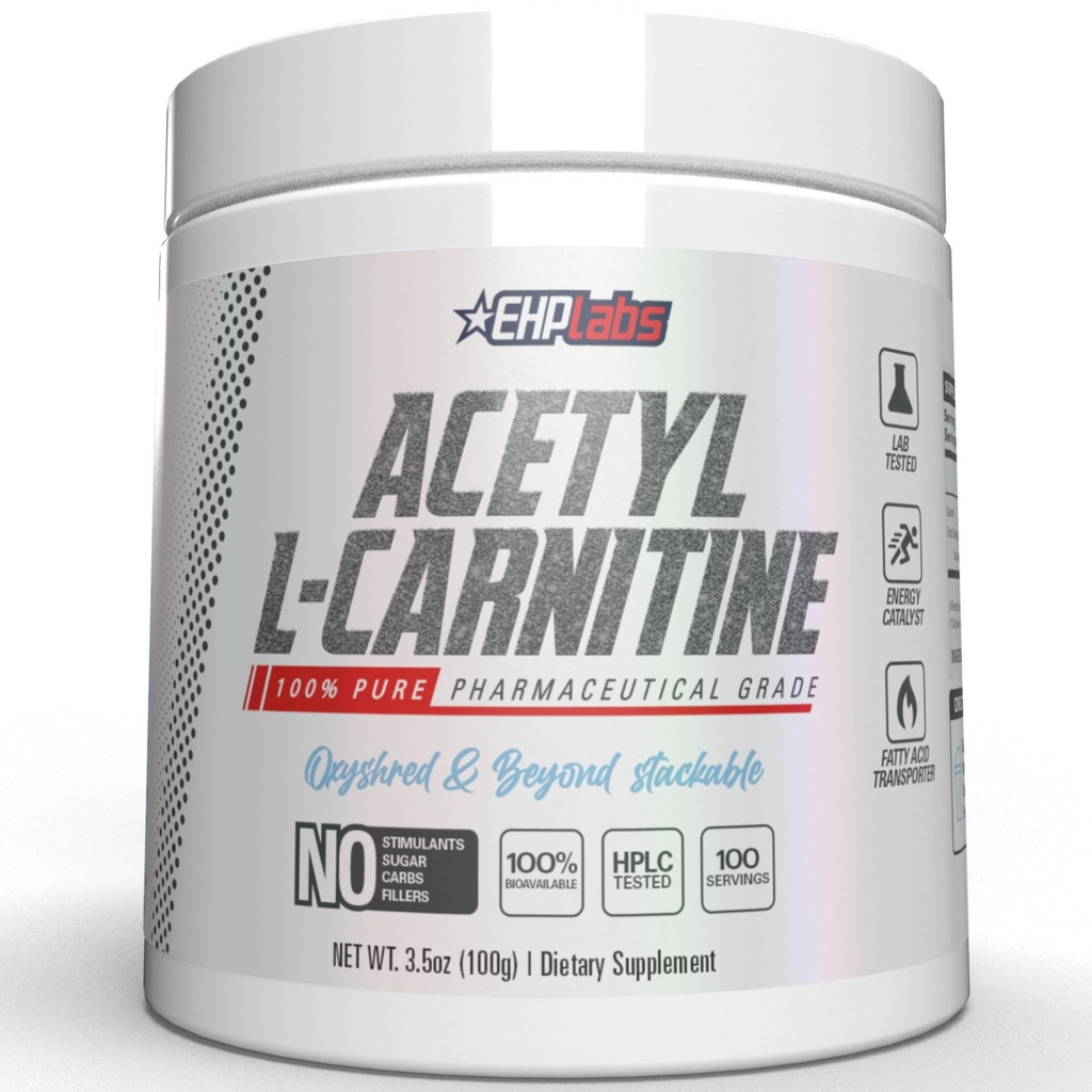 EHP Labs Acetyl L Carnitin Powder - Understøtter Natural Energy Production, Assists in Sund Hjerne Funktion, Understøtter Heart Health, Vegan, Gluten Free, Non GMO - 100 Servere