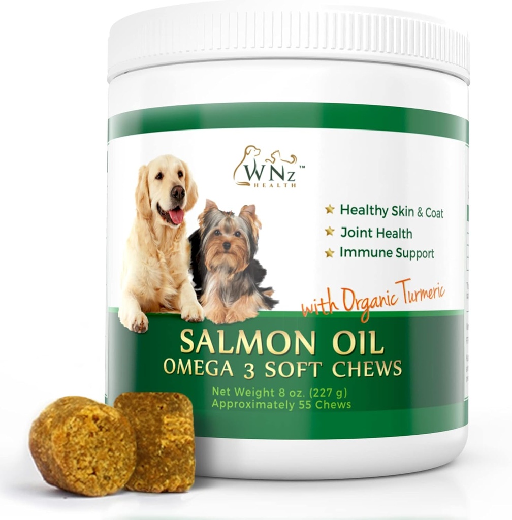 Omega 3 Skin og Coat Chews for Hunde, Hund Salmon Oil Supplement til fælles smertelindring, Immunstøtte, Hud og Coat Kosttilskud til Hunde, Chewable Hund Treats for Itchy Skin Relief, 55 Chews, 8 Oz