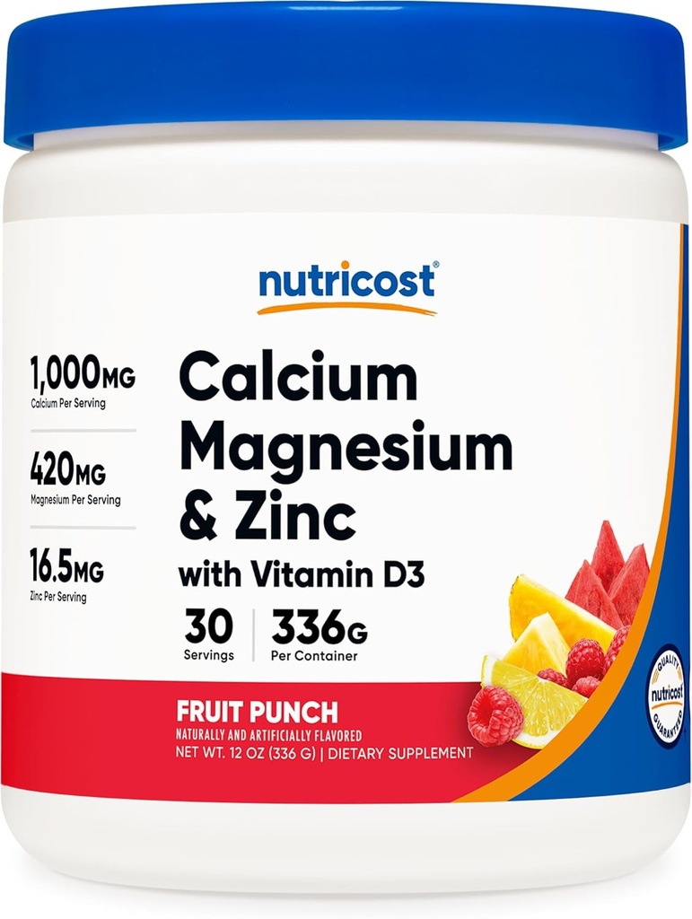 Nutricost Calcium Magnesium Zink med D3- vitamin pulver, 30 Servering (Fruit Punch) - Calcium (1000 MG) Magnesium (420 MG) Zink (16.5 MG) Vitamin D3 (30 MCG) - Gluten Free, Non- GMO