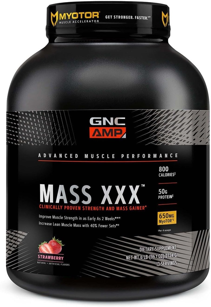 GNC AMP Mass XXX, Clinically Proven Weight Gainer Protein Powder, Forbedrer styrke og størrelse, 780 kalorier, 50g Protein, Mikronized Aminosyrer, Creatin, Betaine, Jordbær, 13 Servere, 6 Pund