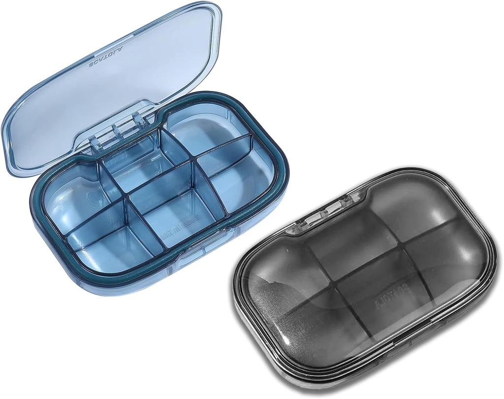 2 Pack 6 Segment Pill Box, Fugt Bevis Pill Case, Travel Pill Organizer til Pocket Purse, Daglig Portable Medicin Vitamin Box, Fisk Oil Box, Supplement Box (Blå & Sort)