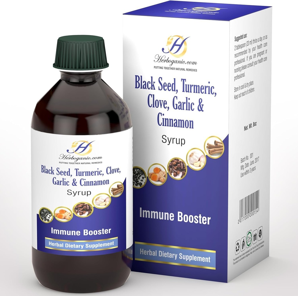 Hyldebær Gratis immunstøtte Syrup til børn og voksne - Perfekt blend af økologisk sort frø, gurkemeje, Clove, kanel & hvidløg - Toddler immunbooster uden økologisk hyldebær Syrup