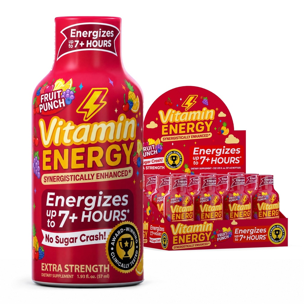 Vitamin Energy Immun + ekstra styrke Energy Shot Fruit Punch 12 Pack, 260mg Naturlig Koffein, B-Vitamin, Citicolin, Green Tea, Immunity & Focus Support, Zero Sugar, Gluten- Free 1,93 fl oz