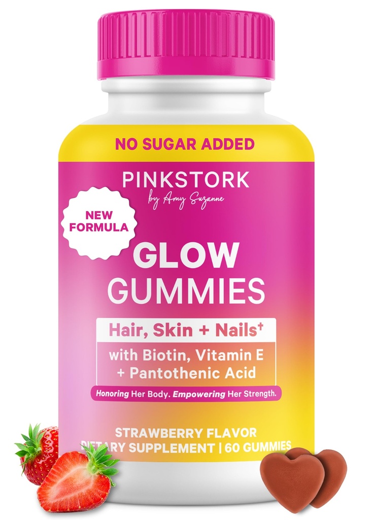 Pink Stork Total Glow Gummies for Kvinder - Hår, Hud og negle Vitamin med Biotin, vitamin A, B6, B12, Folate, Zink & mere - Støtte til strålende hud, stærke negle, og sundt hår - 60 Berry Gummies