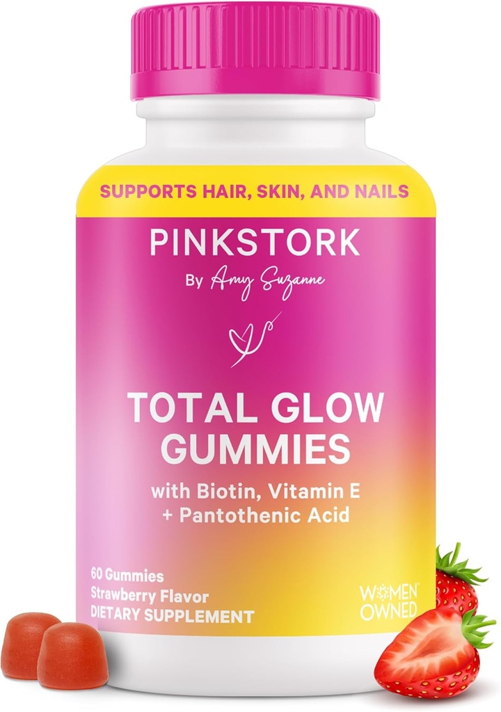 Pink Stork Total Glow Gummies for Women – Hair, Skin & Nails Vitamin with Biotin, Vitamin A, B6, B12, Folate, Zinc & More – Support for Radiant Skin, Strong Nails, and Healthy Hair – 60 Berry Gummies