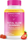 Pink Stork Total Glow Gummies for Kvinder - Hår, Hud og negle Vitamin med Biotin, vitamin A, B6, B12, Folate, Zink & mere - Støtte til strålende hud, stærke negle, og sundt hår - 60 Berry Gummies