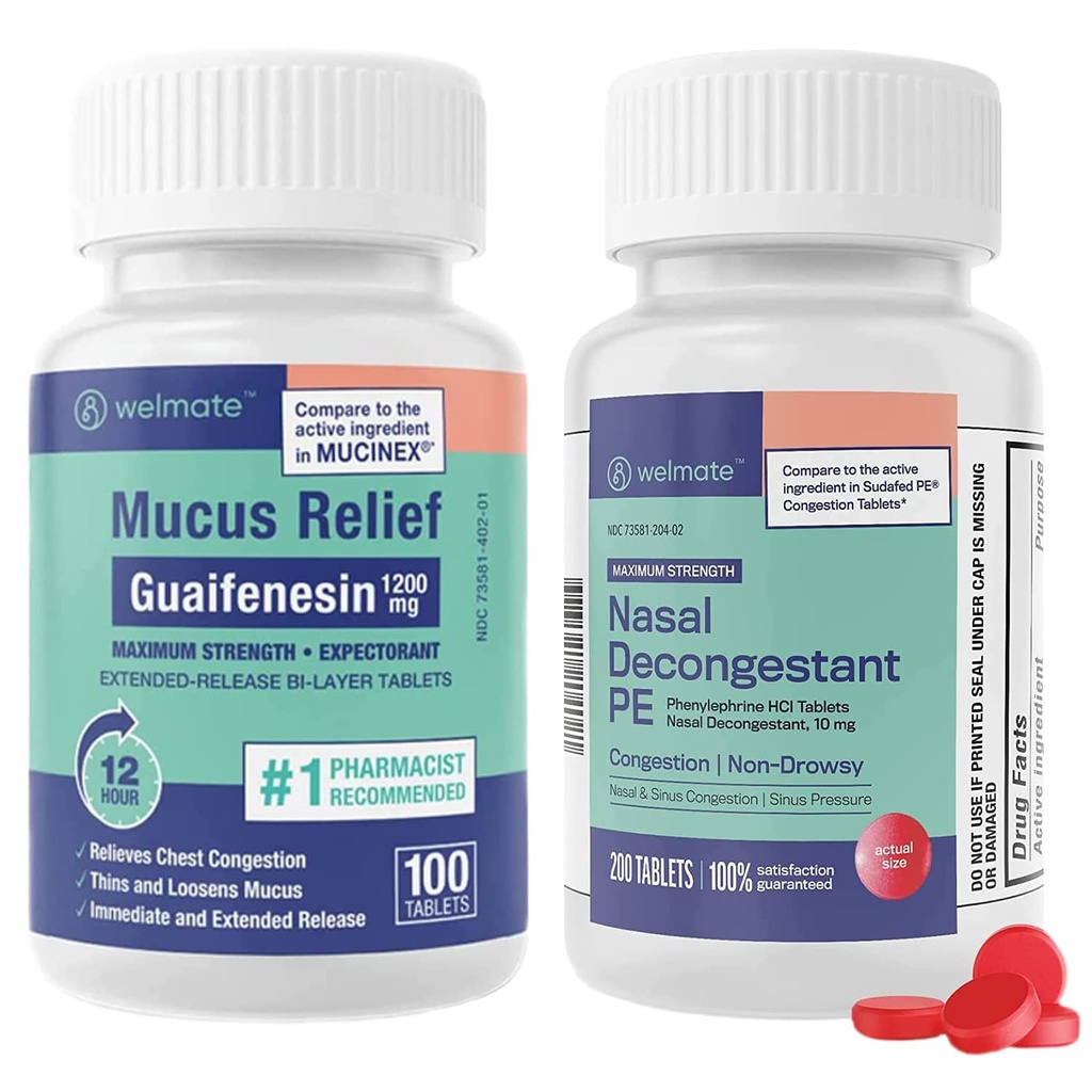 WELMATE Respiratory Relief Bundle: Maksimal styrke Guaifenesin 1200 Mg Mucus Relief (100 Bi- Layer tabletter) + Phenylephrin HCl 10 mg Nasal Decongestant PE (200 tabletter) Sinus, Cold & Allergy Support