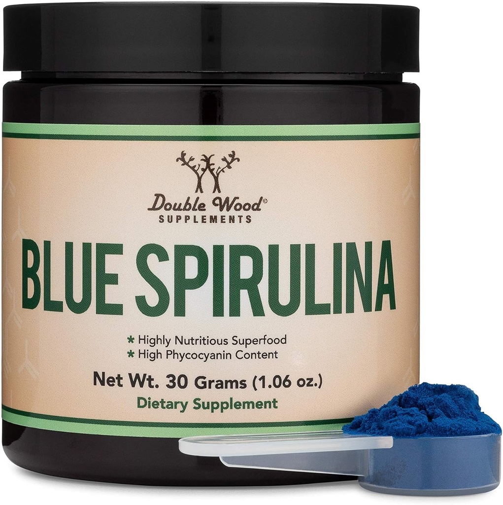 Blue Spirulina Powder - Maksimum 35% Phycocyinindhold, Superfood Powder fra Blue- Green Algae, Blander til smoothies og Protein Drinks, Plant Food Farvelægning (One Month Supply) af Dobbelt Træ