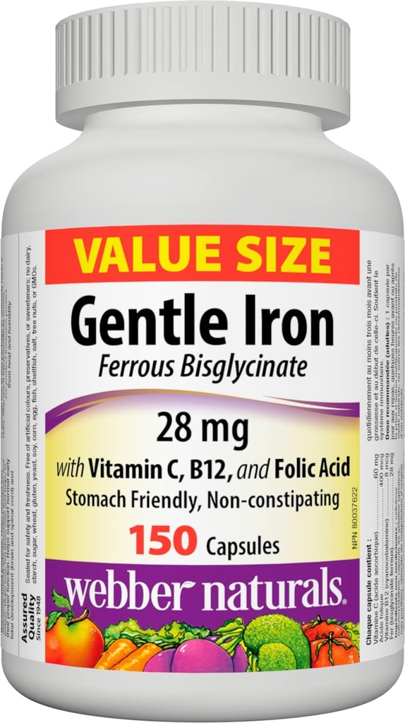 Webber Naturals Gentle Iron Supplement med vitamin C, B12 og folinsyre, 28 mg, 150 Kapsler, Stomach- Friendly, Non- Forstoppelse, Hjælper forebygge jernmangel Anæmi