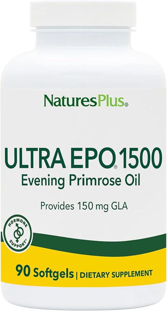NaturePlus Ultra EPO 1500 - Aften Primrose Oil - Premenstrual og Menopausal Antioxidant Support - fremmer Clear Skin - Gluten Free - 90 Softgels, 90 Servere