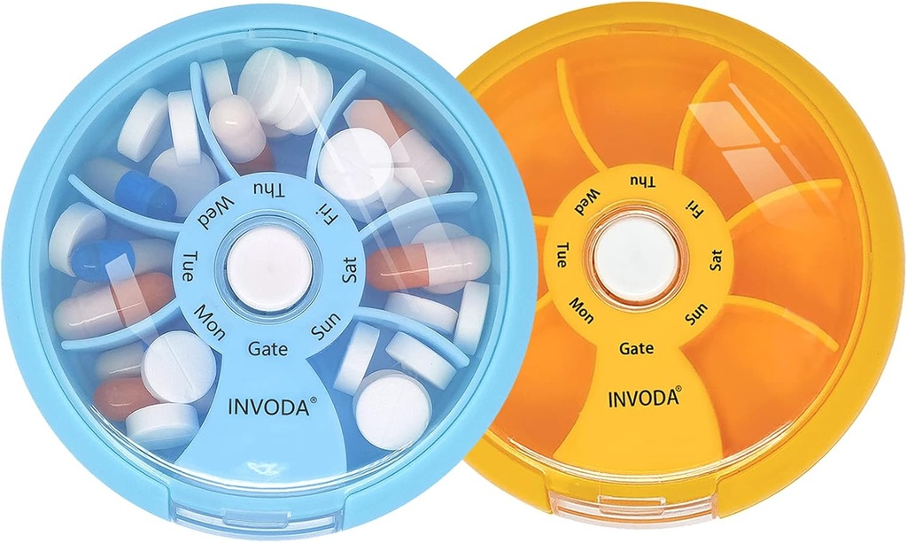 INVODA Weekly Pill Organizer 7 Segment Roterende Pill Box for Daglig Medicin & Vitaminer - Bærbar rejse Pill sag Fish Oil Kosttilskud Vitaminer Organizer (Blå + Orange)