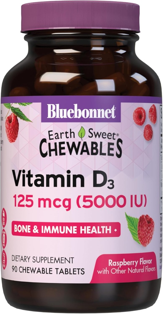 Bluebonnet Nutrition Earth Sweet Vitamin D3 5000 IE Chewable Tablets, Aids in Muscle & Skeletal Growth, Non GMO, Gluten & Soy & Milk Free, Kosher, Hindbær, Hvid, 90 Greve
