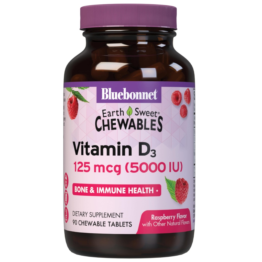 Bluebonnet Nutrition Earth Sweet Vitamin D3 5000 IE Chewable Tablets, Aids in Muscle & Skeletal Growth, Non GMO, Gluten & Soy & Milk Free, Kosher, Hindbær, Hvid, 90 Greve