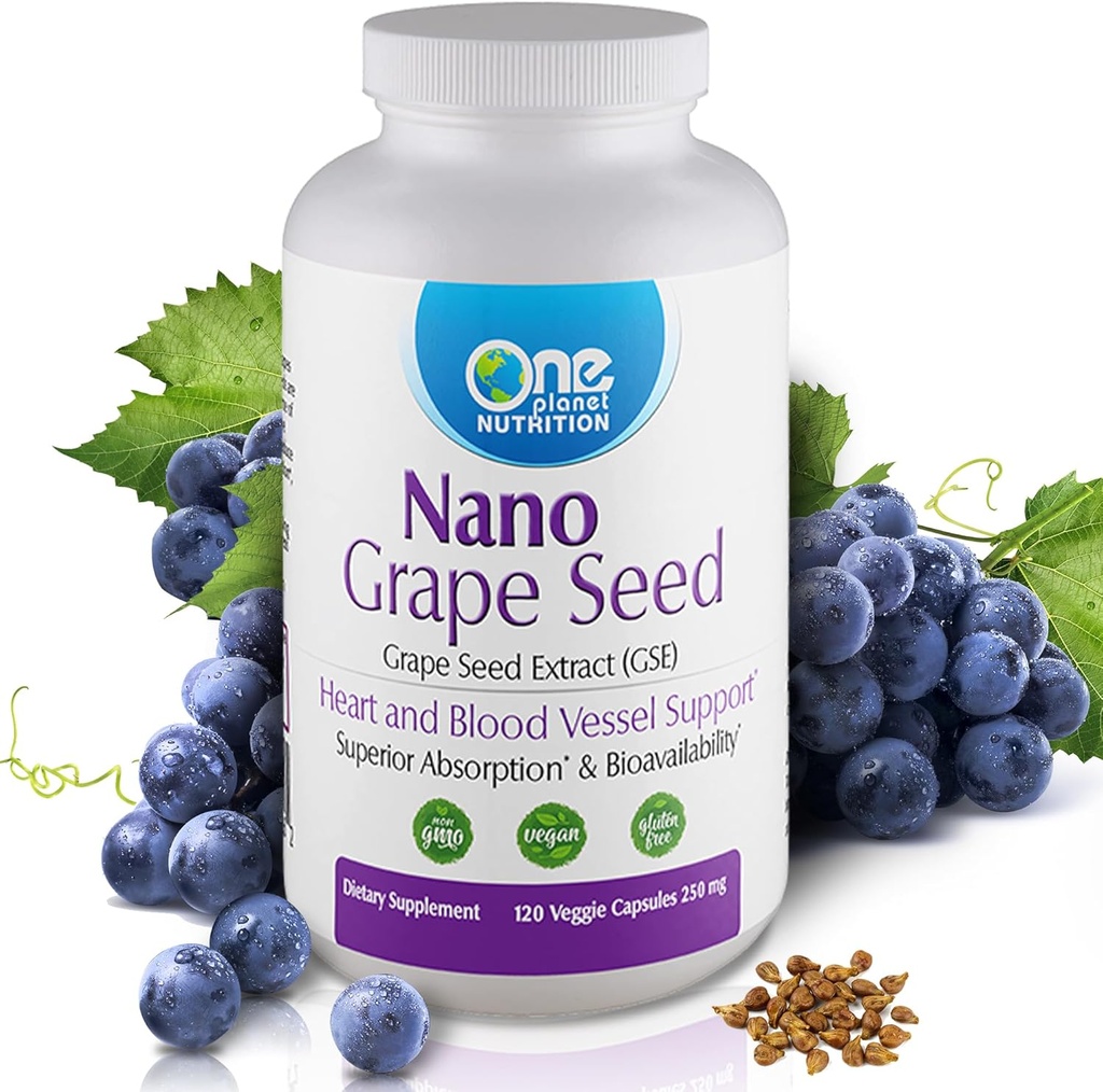 One Planet Nano Grape Seed Extract 250 mg Veggie Capsules (120 Servere), Nano for Enhanced Absorption, Understøtter Antioxidant Sundhed for Vaskulære Sundhed, Non- GMO, Vegan, Gluten Free