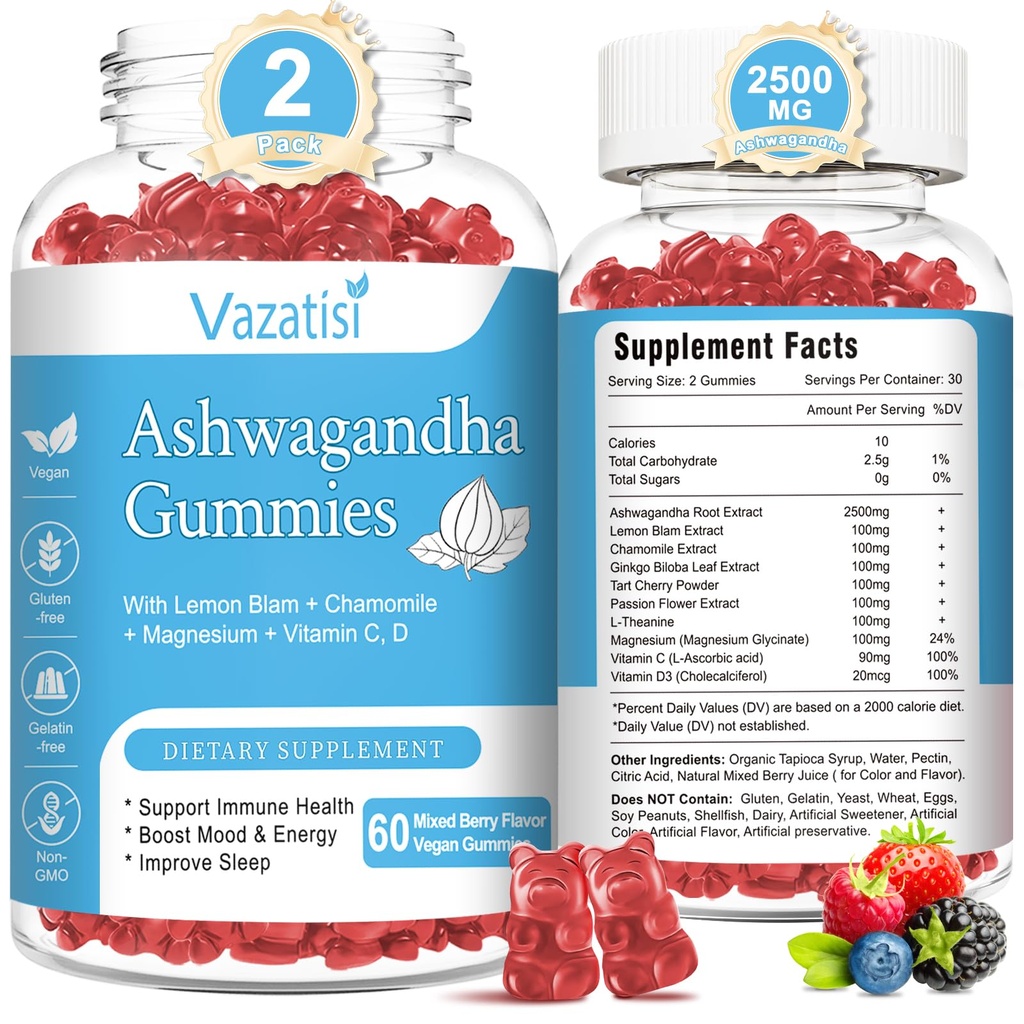 2 Pack Ashwagandha Gummies for Women Mænd, Sukker Free Organic Ashwagandha Gummies Supplement for Relax Restore Balance, Vegan Gluten Free, 120 Greve