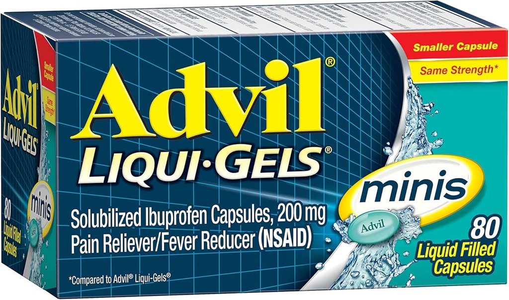 Advil Liqui- Gels Minis Pain Reliever og Feber Reducer, Smertemedicin for voksne med Ibuprofen 200mg for smertelindring - 80 flydende fyldte kapsler