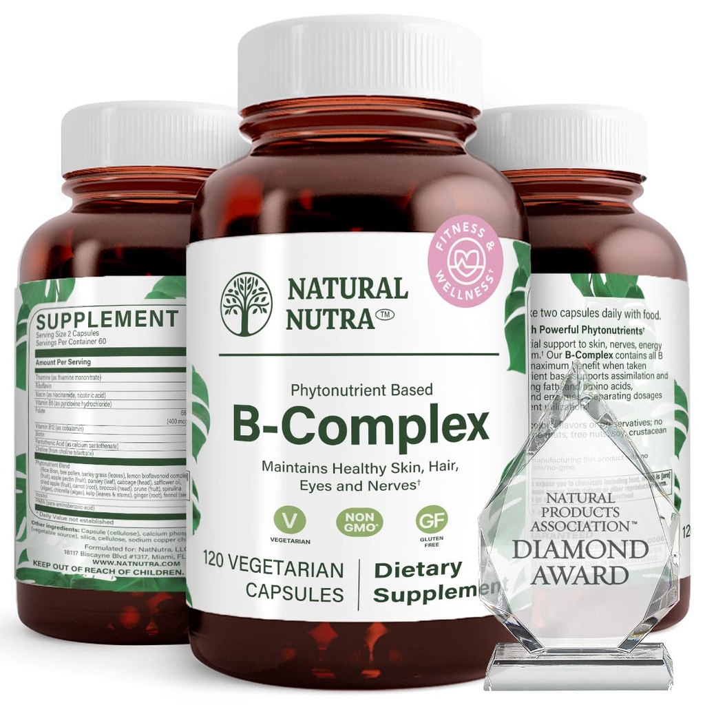 Naturlig Nutra B-vitamin Kompleks med Niacin, Folat, Thiamin, Biotin, understøtter nervesystem sundhed, fremmer stofskifte, hud, øjne og hår sundhed, hele kosttilskud, 120 vegetariske kapsler