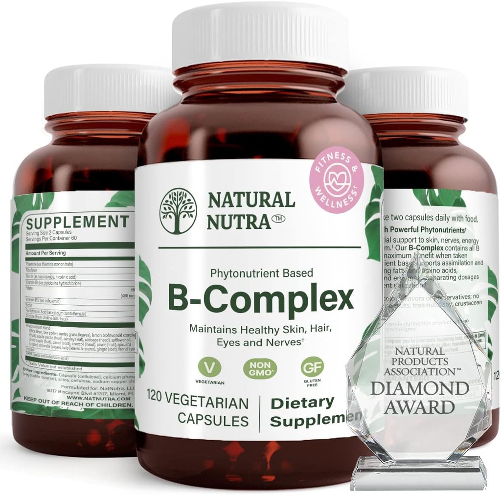Naturlig Nutra B-vitamin Kompleks med Niacin, Folat, Thiamin, Biotin, understøtter nervesystem sundhed, fremmer stofskifte, hud, øjne og hår sundhed, hele kosttilskud, 120 vegetariske kapsler
