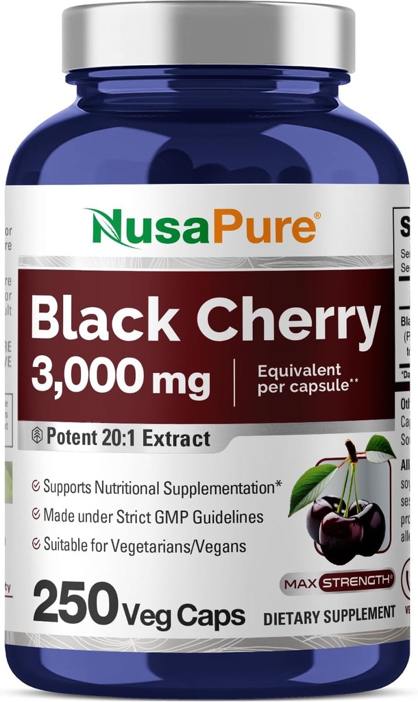 NusaPure Black Cherry Extract 3,000mg 250 Veggie Capsules Max Potency, Non- GMO, Bioperine