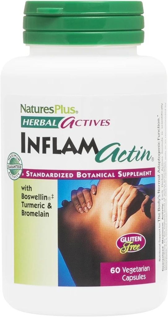 NaturesPlus Herbal Actives InflamActin - 60 Vegetariske Kapsler - Urte tillæg med gurkemeje & bromelain - Understøtter Adaptogen Funktion - Vegan, Gluten- Free - 30 Servere