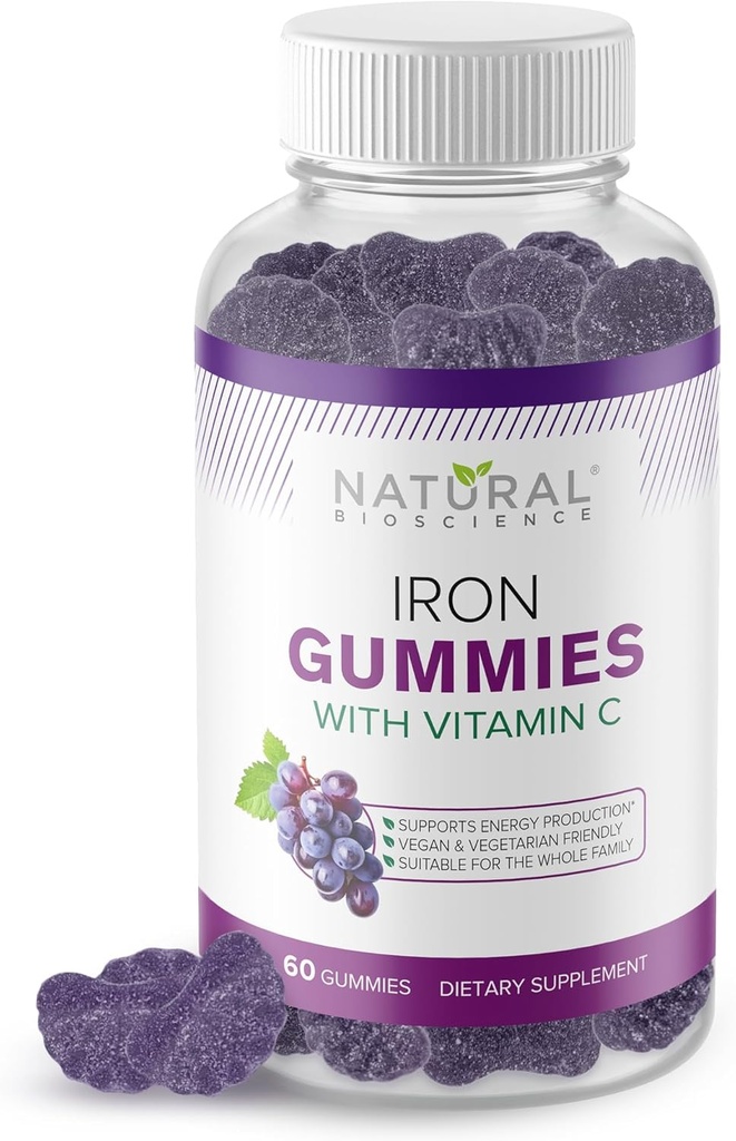 Iron Gummies med C-vitamin - Chewable Iron Supplement for voksne & Kids, Iron Dificiency Anæmi, Red Blood Cell Support, Energy, immunfunktion, Brain Health, Max Absorption, 60 Vegansk Gummies