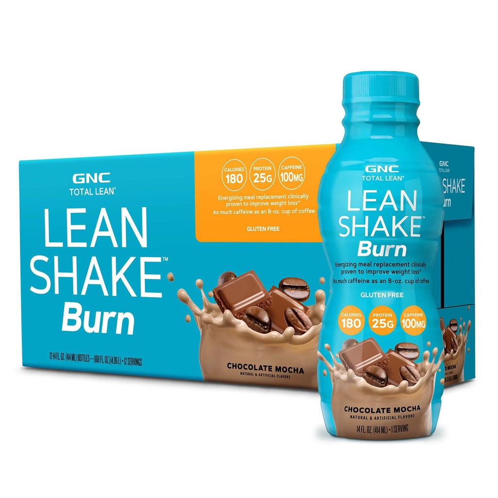 GNC Lean Shake Burn With Coffein, Meal Erstatning, Chokolade Mocha, 25g Protein, Clinically Proven Weight Management, Klar til at drikke, Nul Tilføjet Sukker, 14 oz flasker, pakke med 12
