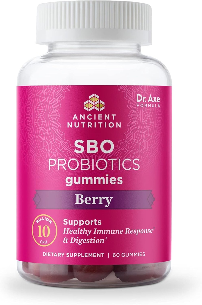 Ancient Nutrition Probiotika, SBO Probiotika Berry Gummies 10 Millioner CFU * / Servering, sund fordøjelse og immunrespons støtte, Gluten Free, Reducerer Lejlighedsvis Bloating, 60 Greve