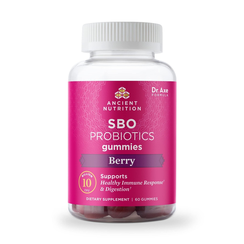 Ancient Nutrition Probiotika, SBO Probiotika Berry Gummies 10 Millioner CFU * / Servering, sund fordøjelse og immunrespons støtte, Gluten Free, Reducerer Lejlighedsvis Bloating, 60 Greve